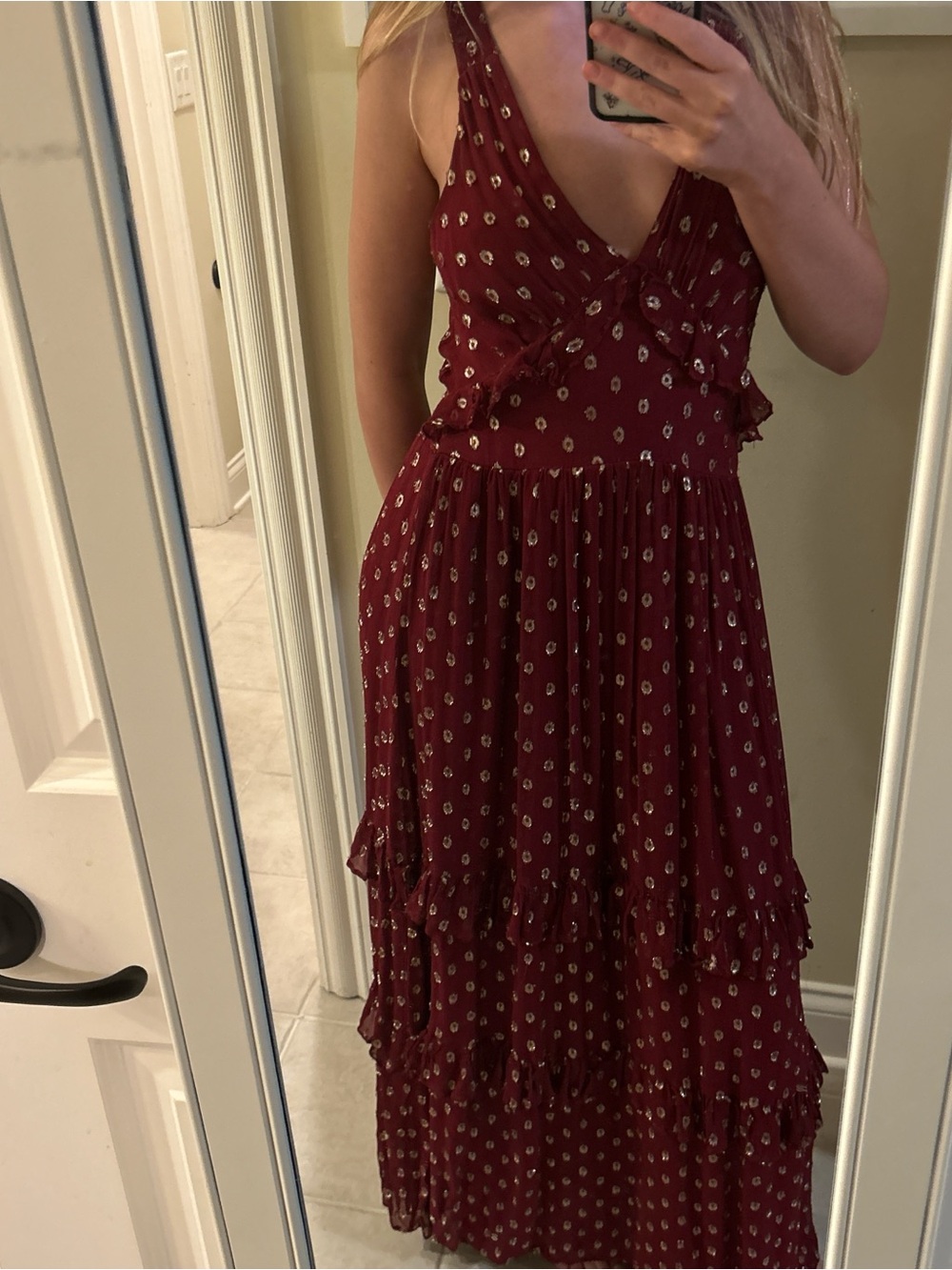 Altar'd State Burgundy Printed Ruffle-Tier Maxi Dress